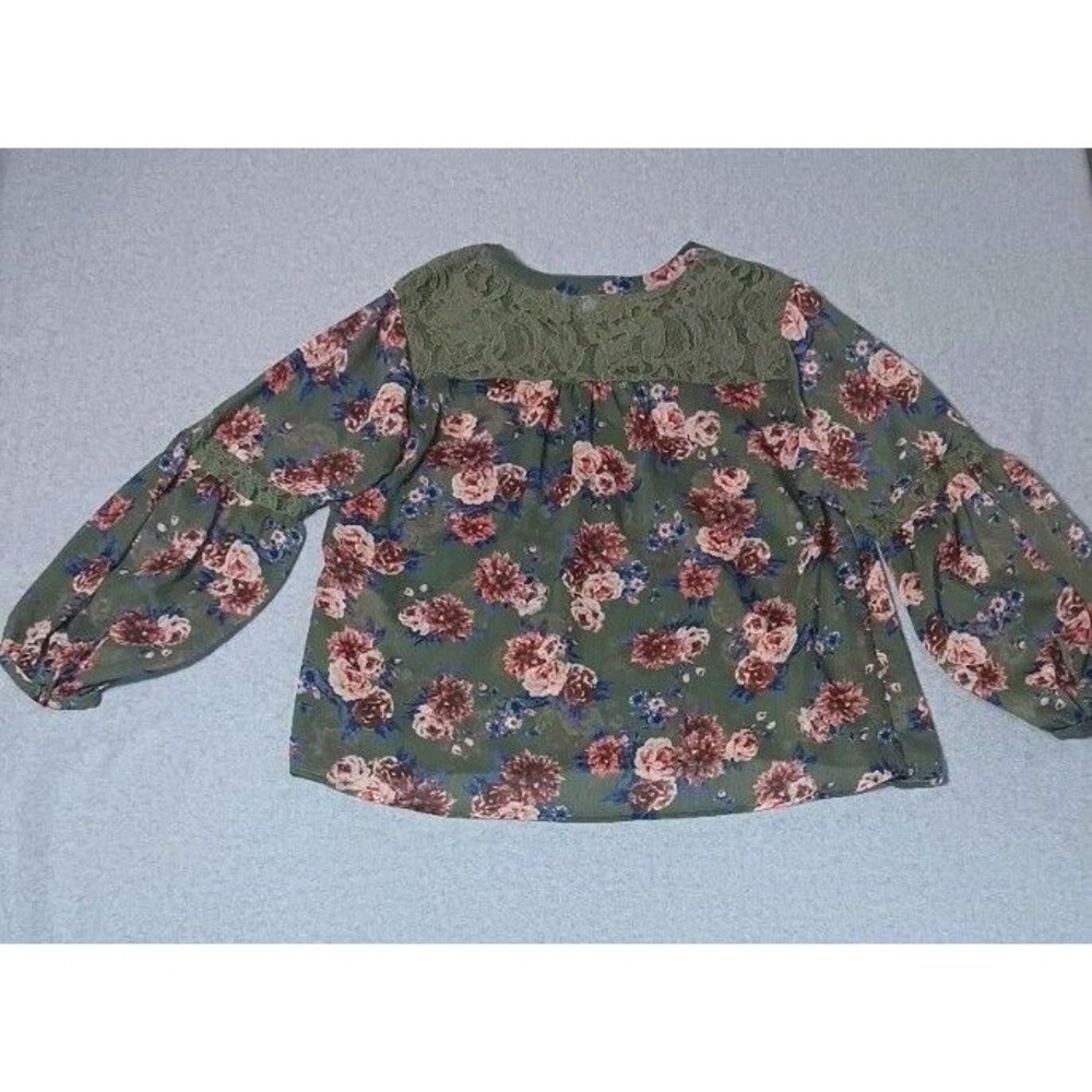 Torrid Chiffon Peasant Lace Inset Long Sleeve Blouse 1 Green Floral Cottagecore - Picture 13 of 13